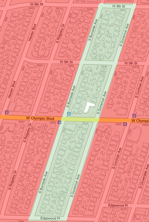 Map showing parking allowed on Dunsmuir Avenue and Burnside Avenue between 8th Street and Edgewood Place.